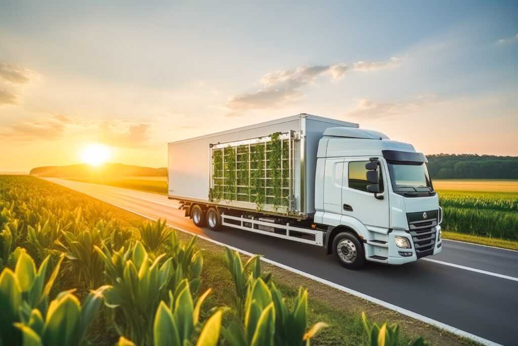 Transport of goods in ecological truck sustainable. Green environmentally friendly transport and shipping.