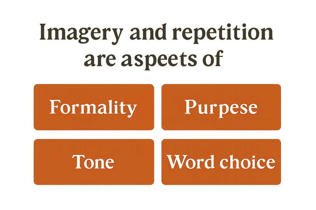 imagery and repetition are aspects offormality.purpose.tone.word choice.